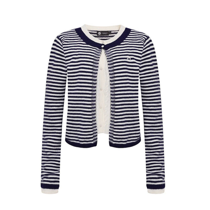 Women's Short Layered Cardigan with Round Neck and Fine Stripes Mune Fashion