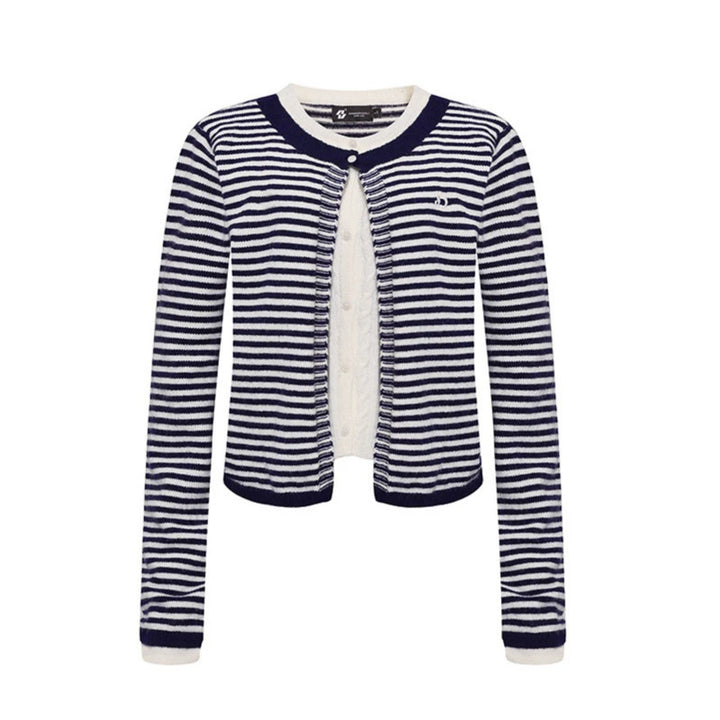 Women's Short Layered Cardigan with Round Neck and Fine Stripes Mune Fashion