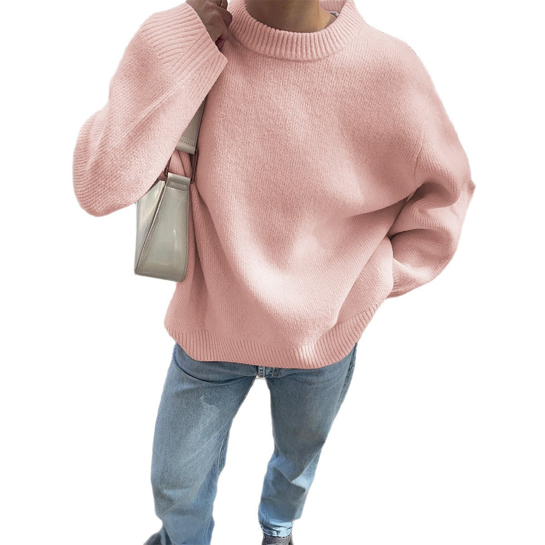 Women's Oversize Fine Knit Sweater with Stand-Up Collar, Extended Back and Balloon Sleeves Mune Fashion