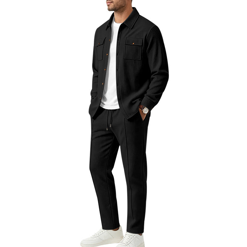Men's Structured Knit Set Overshirt with Chest Pockets & Slim Jogging Pants Mune Fashion