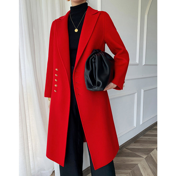 Women's tailored coat with shawl collar, figure-flattering A-line and decorative metal buttons Mune Fashion