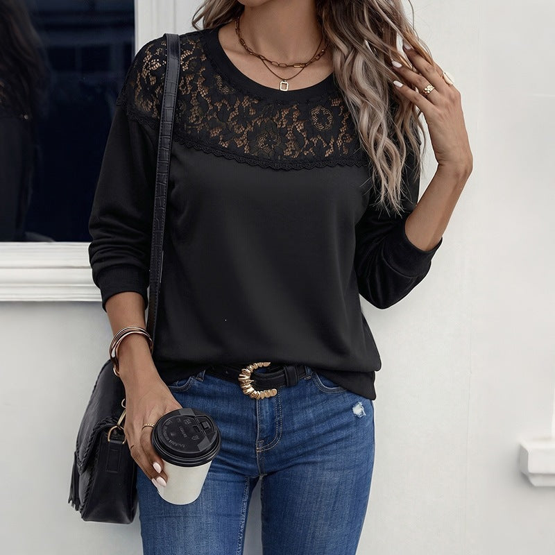 Women Elegant Sweatshirt with Lace Accents Mune Fashion