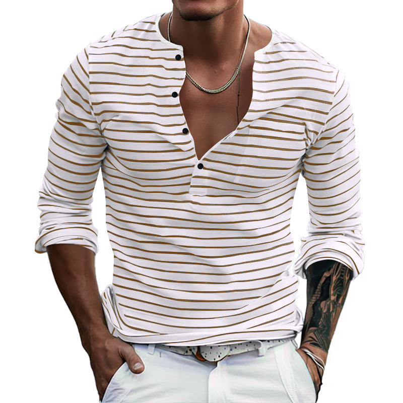 Men's striped long-sleeve shirt with short button placket, round neckline, and subtle chest pocket Mune Fashion