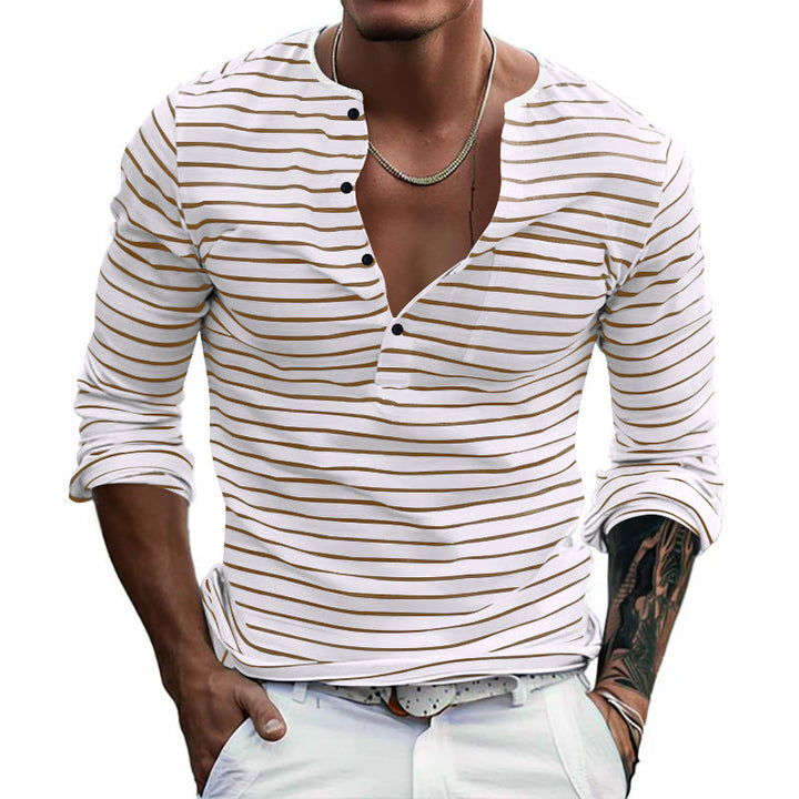 Men's Long Sleeve Henley Shirt with Fashionable Stripe Pattern Mune Fashion
