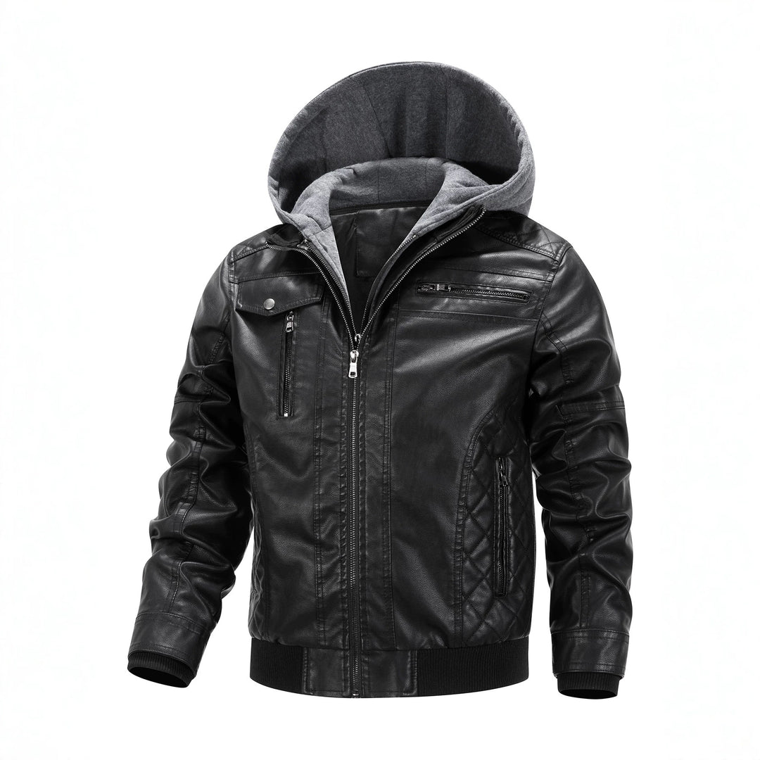 Men's Faux Leather Biker Jacket with Removable Hood Panel and Quilted Side Panels Mune Fashion