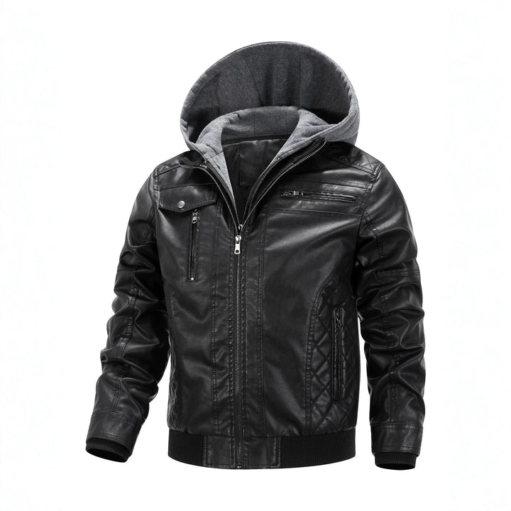 Men's Faux Leather Biker Jacket with Removable Hood Panel and Quilted Side Panels Mune Fashion