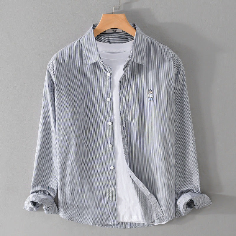 Men's Striped Cotton Shirt with Fine Embroidery and Relaxed Fit Mune Fashion