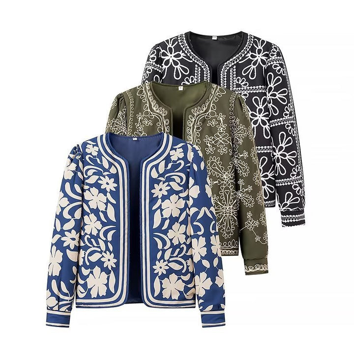 Women Open Blazer Jacket with Floral Allover Print, Round Neckline and Feminine Fit Mune Fashion