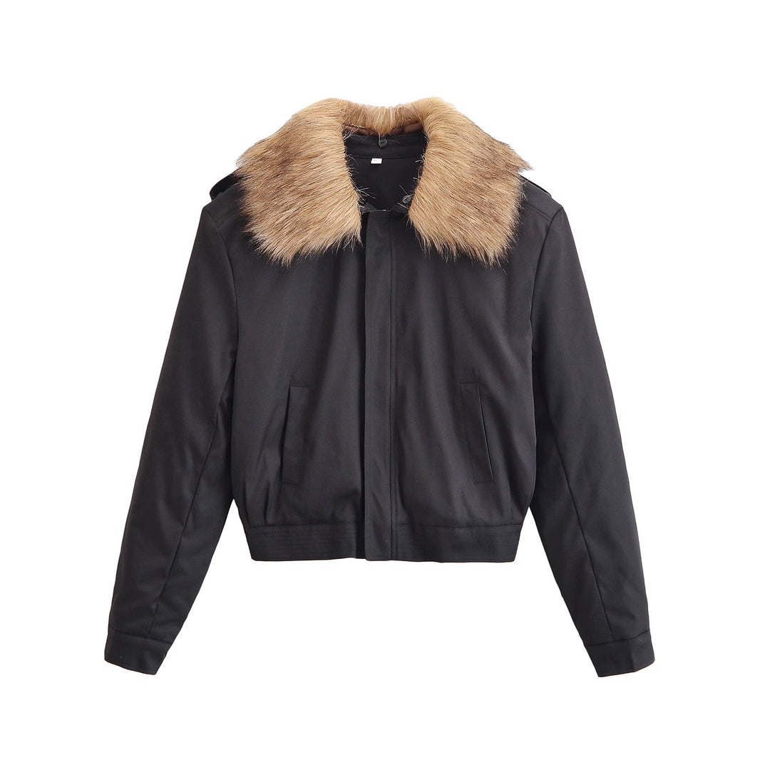 Ladies Short Bomber Jacket with Removable Faux Fur Collar Mune Fashion