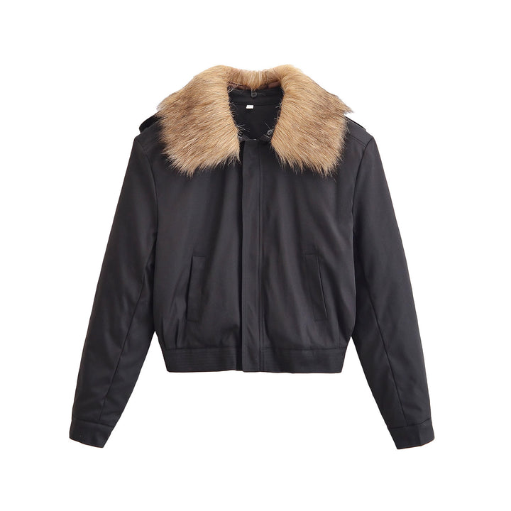 Ladies Short Bomber Jacket with Removable Faux Fur Collar Mune Fashion