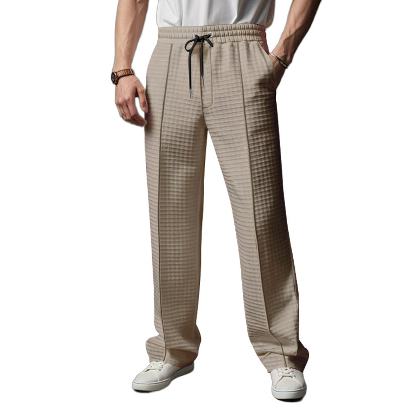 Men's Relaxed-Fit Leisure Pants with Textured Check Pattern, Elastic Waistband & Drawstring