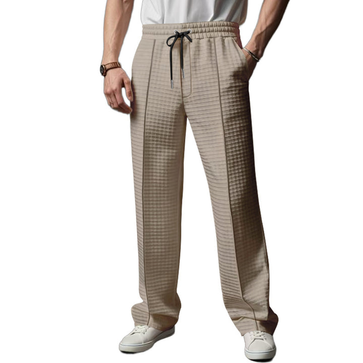 Men's Relaxed-Fit Leisure Pants with Textured Check Pattern, Elastic Waistband & Drawstring
