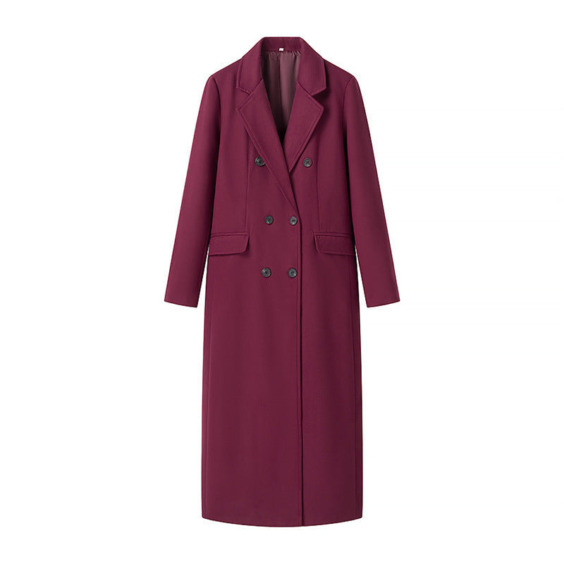 Women's Extra Long Wool Blend Coat with Double-Breasted Button Placket, Notched Lapel and Flap Pockets Mune Fashion