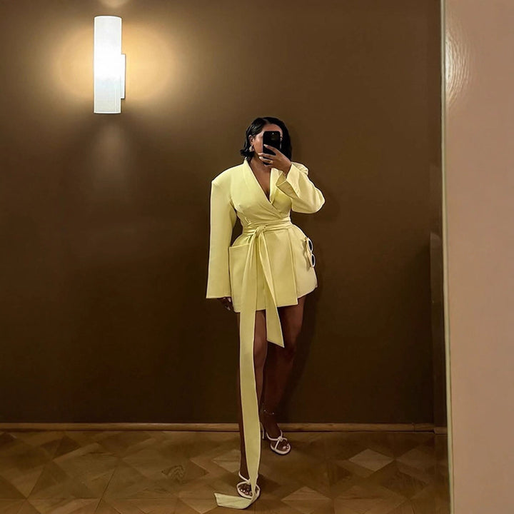 Women's Tailored Blazer Dress with Draped Tie Belt and Structured Shoulders Mune Fashion