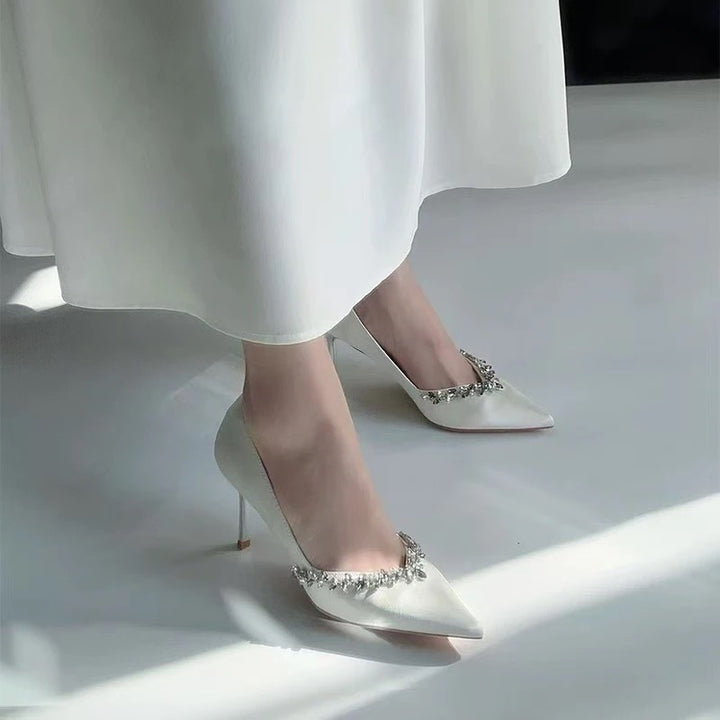 Ladies Luxury Patent Pumps with Pointed Toe and Rhinestone Accents Stiletto Heel Mune Fashion