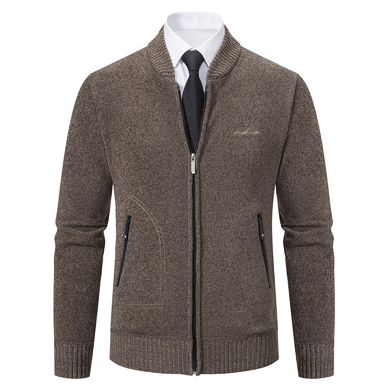 Men's lightweight business knit cardigan with concealed front zipper, zippered pockets, and ribbed hem Mune Fashion