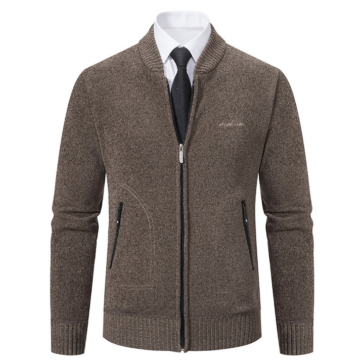 Men's lightweight business knit cardigan with concealed front zipper, zippered pockets, and ribbed hem Mune Fashion