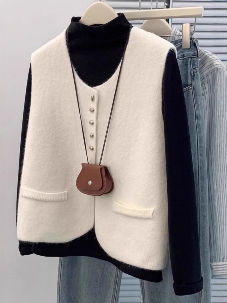 Women Short Cut Sleeveless Knit Vest with Pearl Button Placket and Patch Pockets Mune Fashion