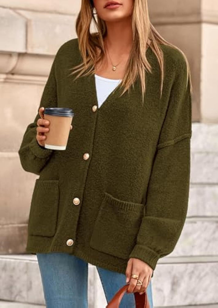 Women Oversized Knit Cardigan with V-Neck, Golden Decorative Buttons and Patch Pockets Drune