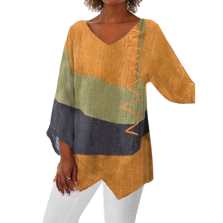 Women Casual A-Line Linen Look Tunic with Color Block Stripes and V-Neck Mune Fashion