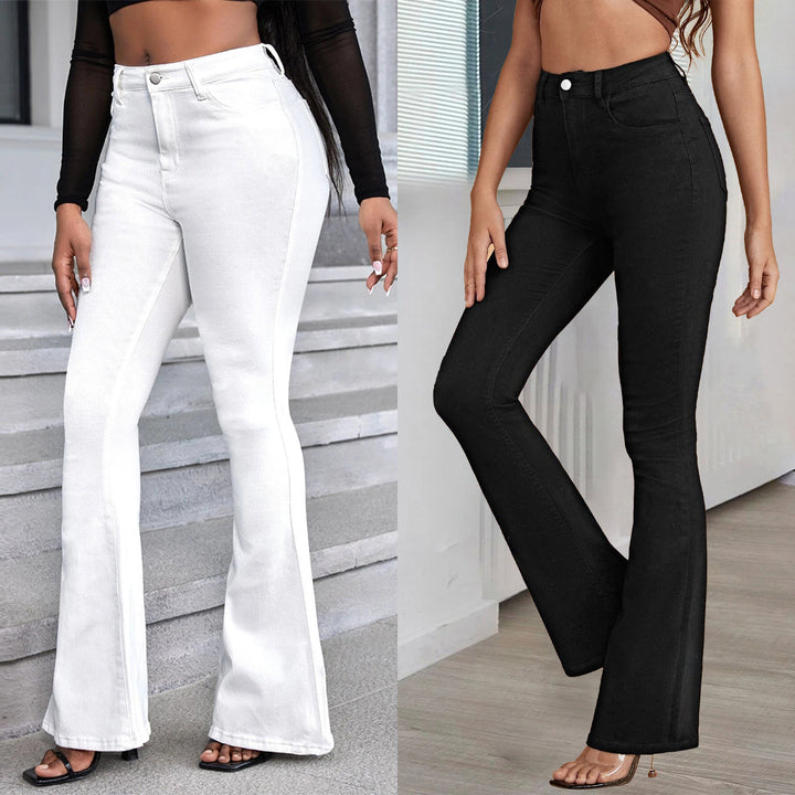 Women’s high-waisted flared trousers made of stretch denim with a center seam and figure-hugging cut Mune Fashion