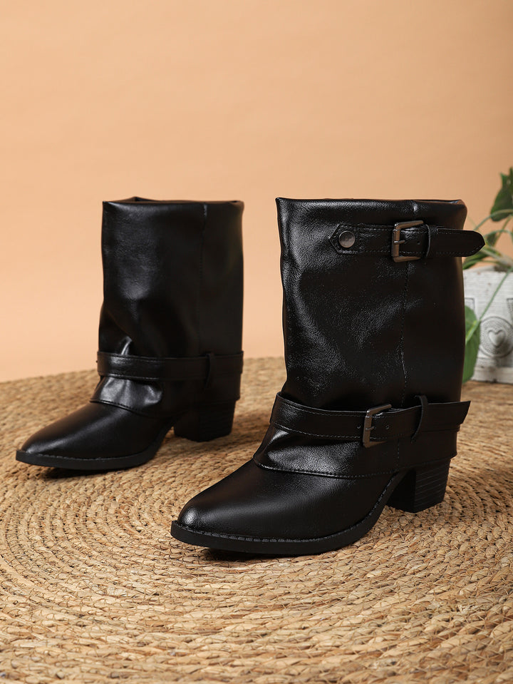 Women ankle boots with decorative buckle straps and block heel Mune Fashion