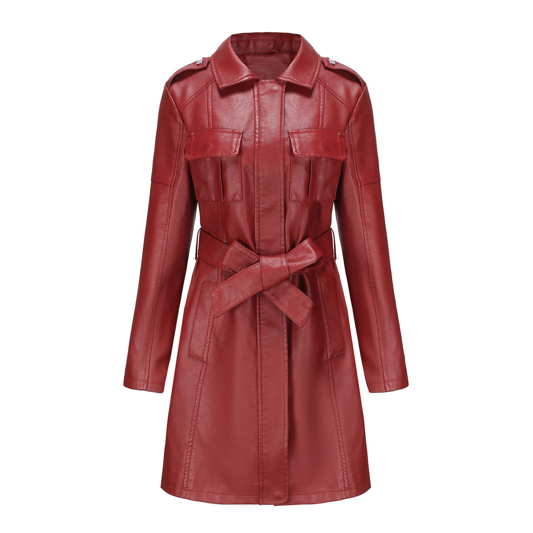 Women's longer faux leather trench coat with belt and shoulder tabs Mune Fashion