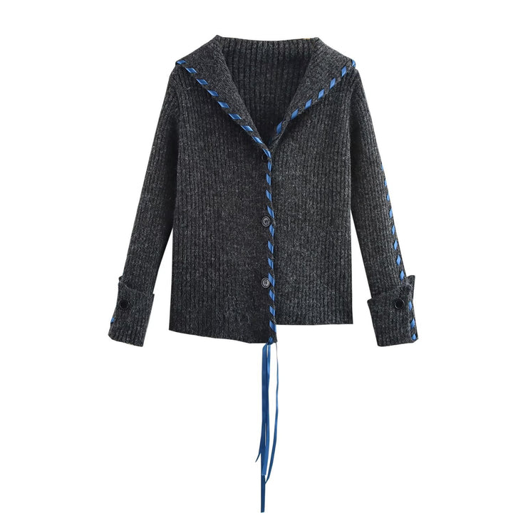 Women Ribbed Cardigan with Sailor Collar, Decorative Ribbon Lacing and Button Placket Mune Fashion