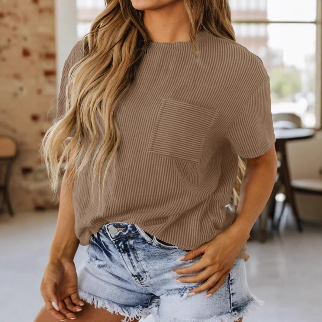 Women's ribbed short-sleeve shirt with chest pocket and loose fit Mune Fashion