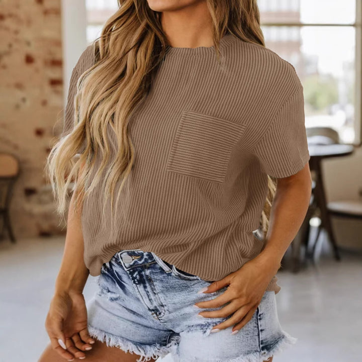 Women's ribbed short-sleeve shirt with chest pocket and loose fit Mune Fashion