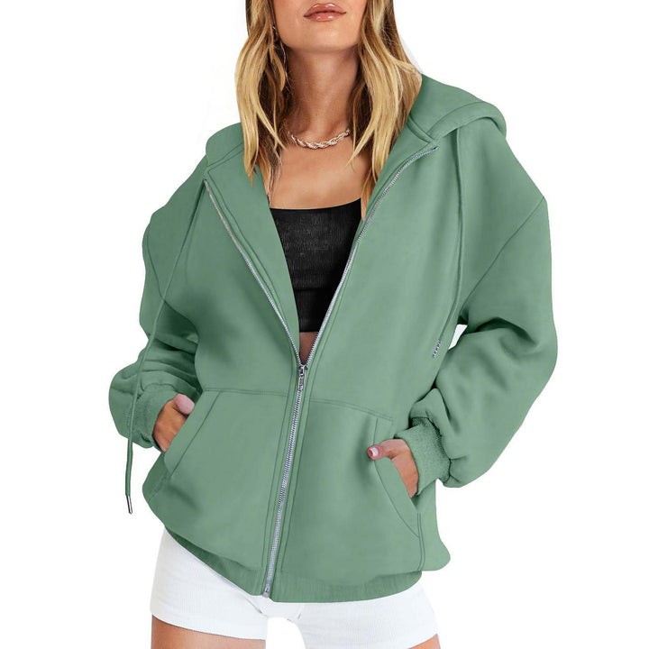 Women's Fleece Zip Jacket in Oversized Style with Hood, Kangaroo Pockets and Elastic Hem Mune Fashion