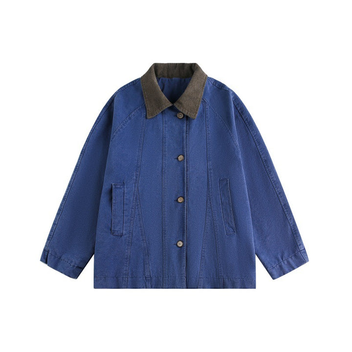 Unisex Short Cut Boxy Denim Jacket with Cord Collar and Tonal Decorative Stitches Mune Fashion