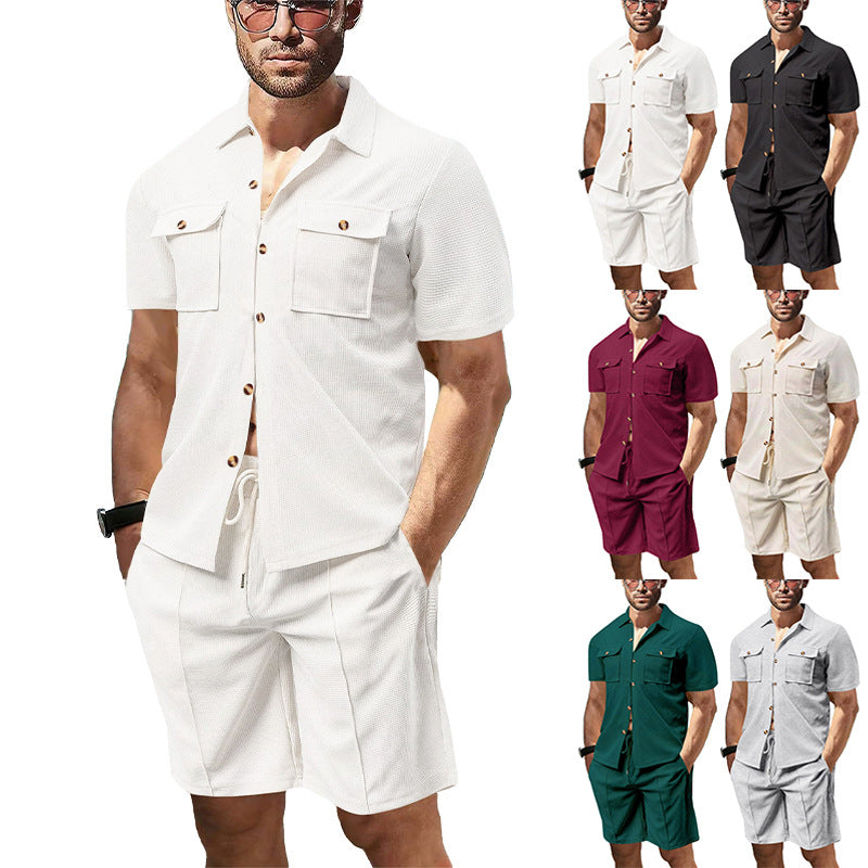 Men's modern short-sleeve shirt set in resort style with patch pockets, open lapel collar, and drawstring Bermuda shorts made of textured jersey Mune Fashion
