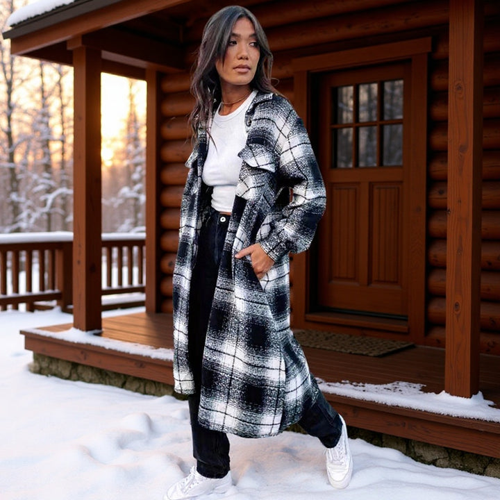 Women's Longline Check Overshirt with Oversized Cut and Flap Pockets Mune Fashion