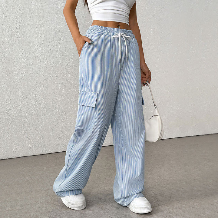 Women's Striped Wide Cargo Pants with High Elastic Waistband and Drawstring Mune Fashion