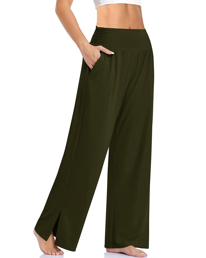 Women's wide Yoga pants with high comfort waistband, side pockets, and side leg slit Mune Fashion