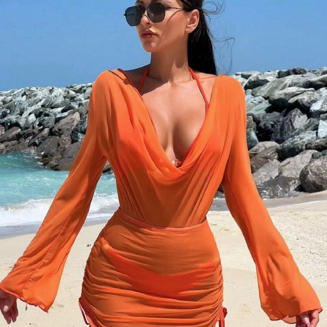 Ladies beach dress with elegant wrap design and long sleeves Mune Fashion
