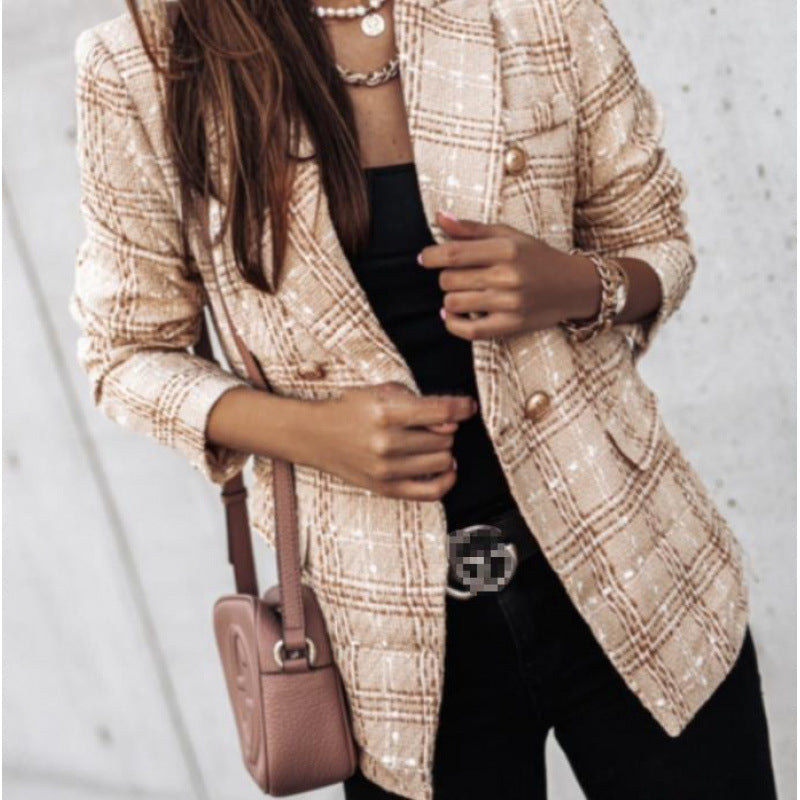 Ladies elegant tweed blazer with double button, textured weave and patch pockets Mune Fashion
