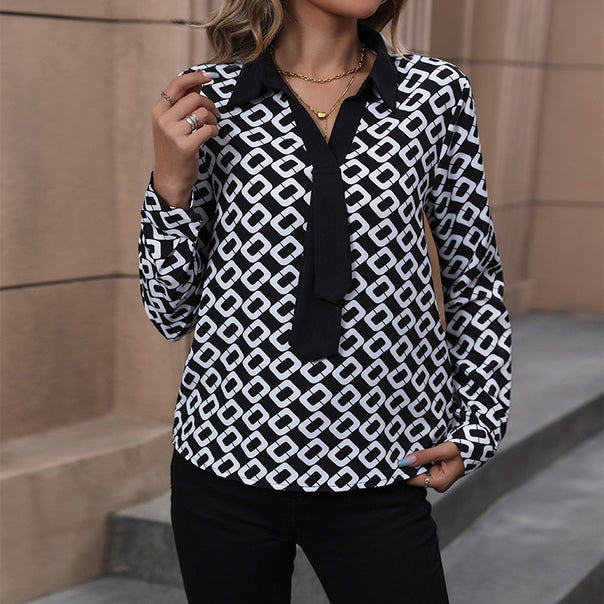 Women Printed Chiffon Blouse with Tie Detail and Geometric Print Mune Fashion