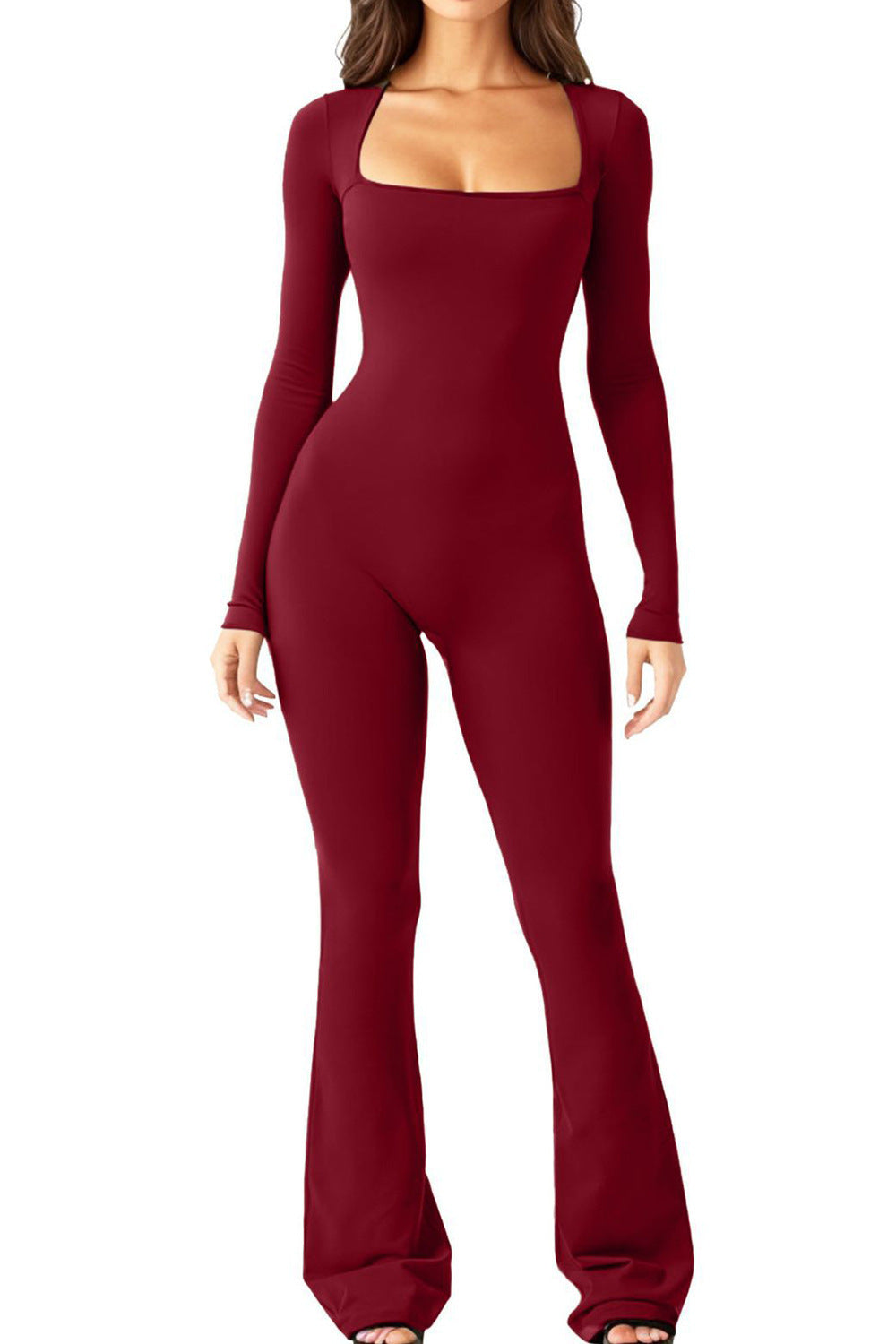 Women's form-fitting long-sleeve jumpsuit with square neckline and flared pants Mune Fashion