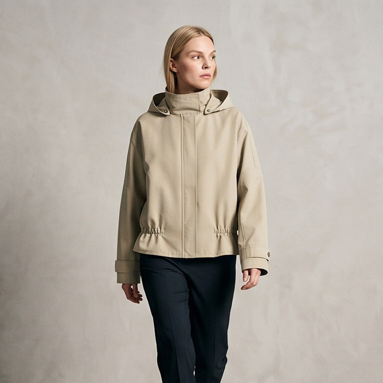 Women Short Vegan Leather Jacket with Hood, Concealed Snap Button Placket and Drawstring Hem Mune Fashion