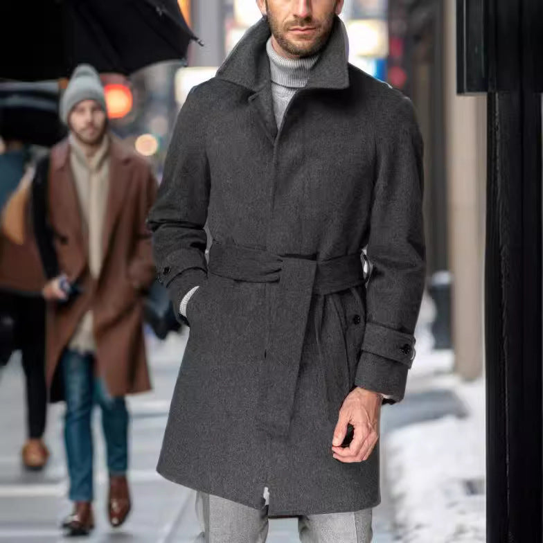 Men's coat mid-length made of wool blend with tie belt and concealed button placket Mune Fashion