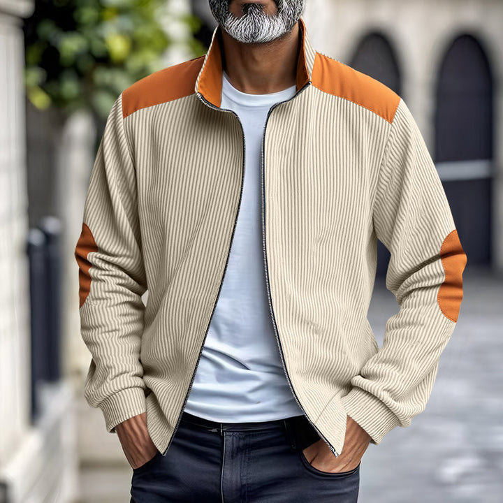 Men's ribbed stand-up collar sweat jacket with full zip, shoulder and elbow patches Mune Fashion