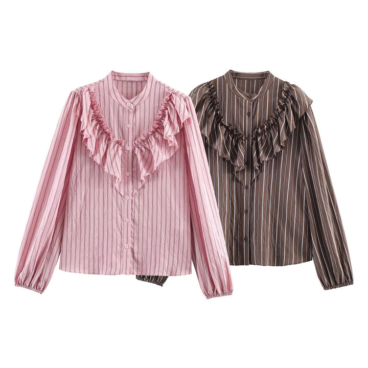 Women's Striped Ruffle Blouse with V-Flounce and Stand-Up Collar Mune Fashion
