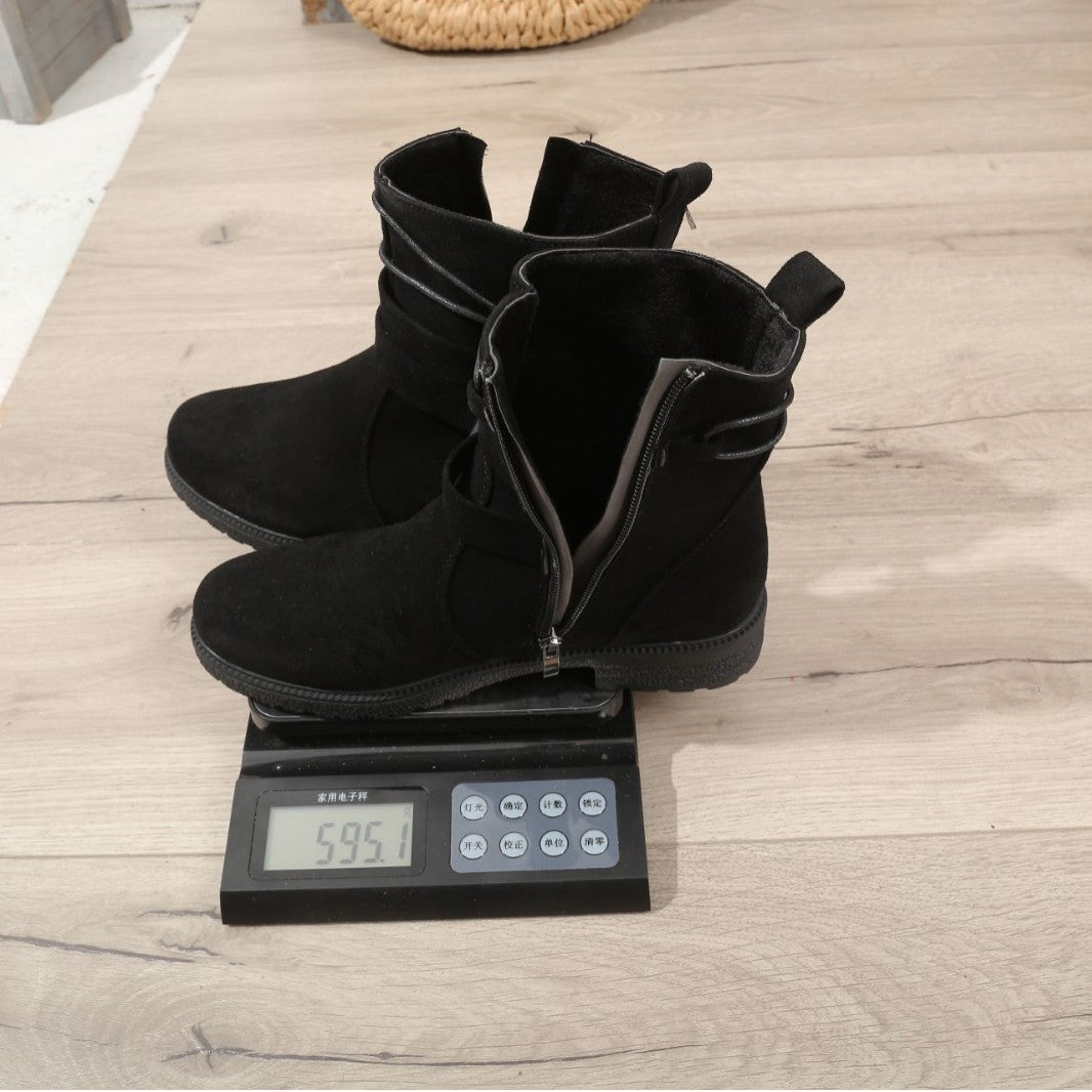 Women's non-insulated ankle boots with wrap straps, decorative metal buckle, and slip-resistant profile sole Mune Fashion