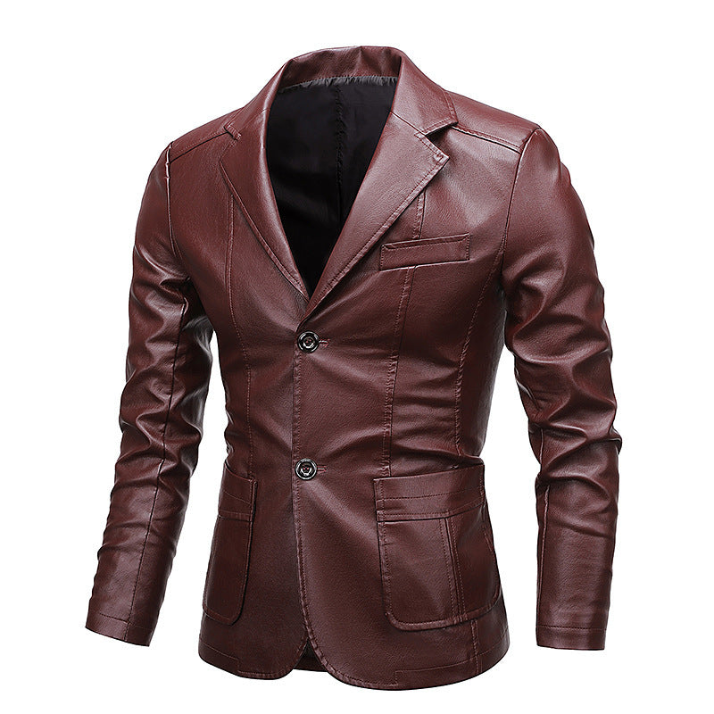 Men's Slim-Fit Faux Leather Blazer with Notched Lapels and Flap Pockets Mune Fashion