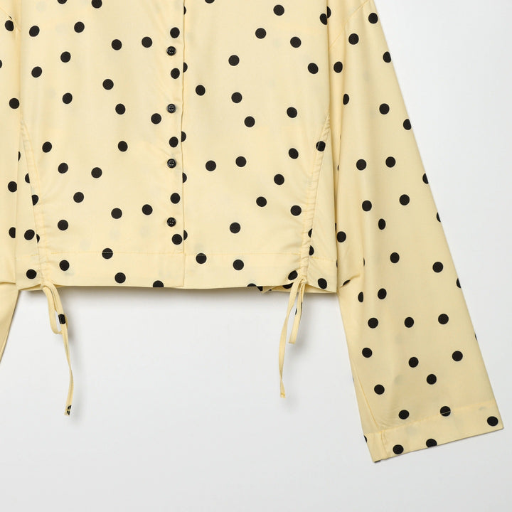 Women's Polka Dot Cropped Blouse with Stand Collar and Drawstring Mune Fashion