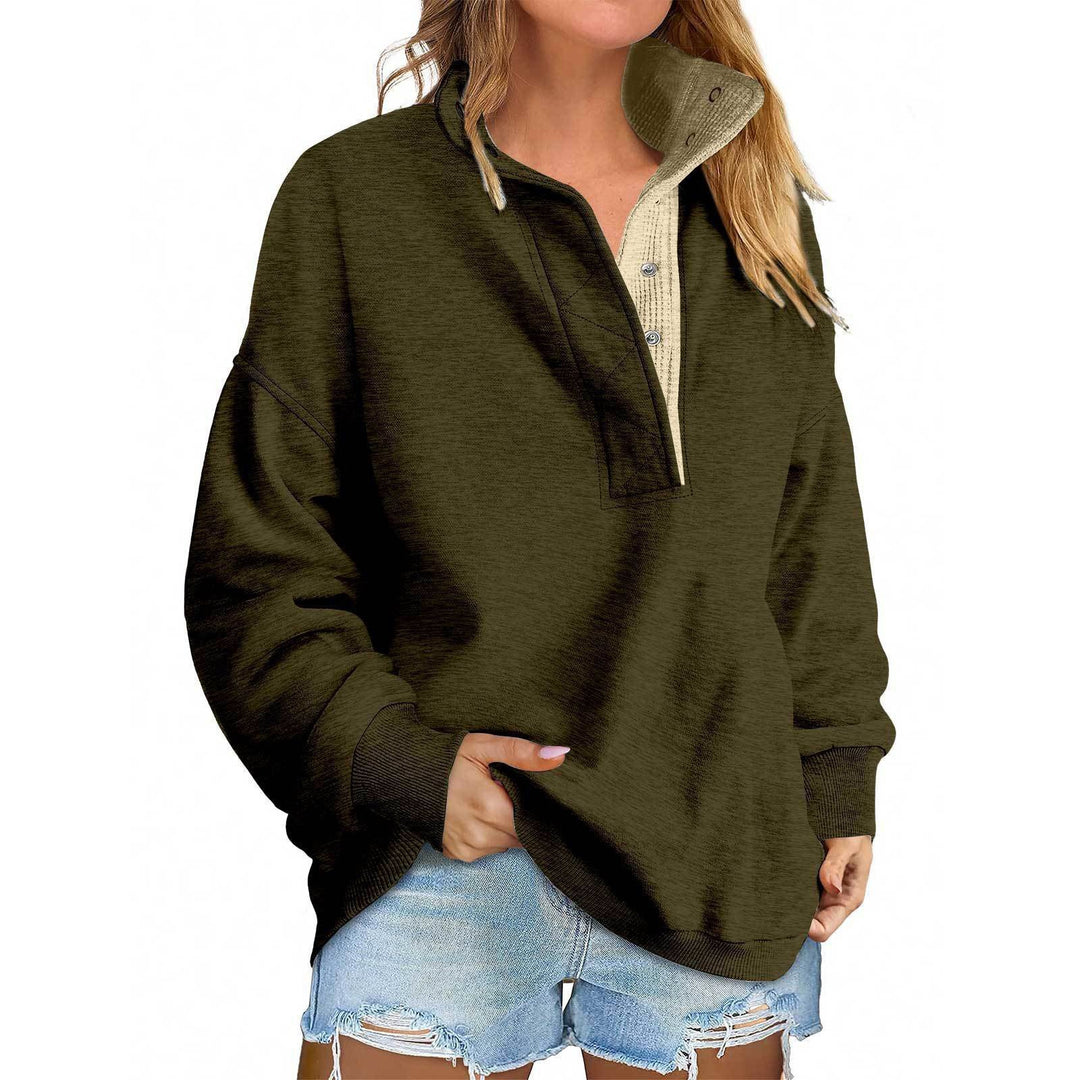 Women's Oversized Henley Sweatshirt with Stand-Up Collar and Snap Button Placket Mune Fashion