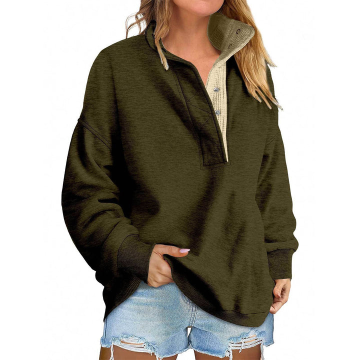 Women's Oversized Henley Sweatshirt with Stand-Up Collar and Snap Button Placket Mune Fashion