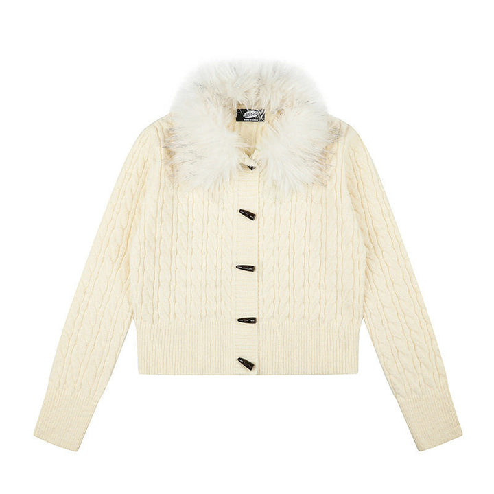 Women's Short Cable Knit Cardigan with Removable Faux Fur Collar and Toggle Button Closure Mune Fashion